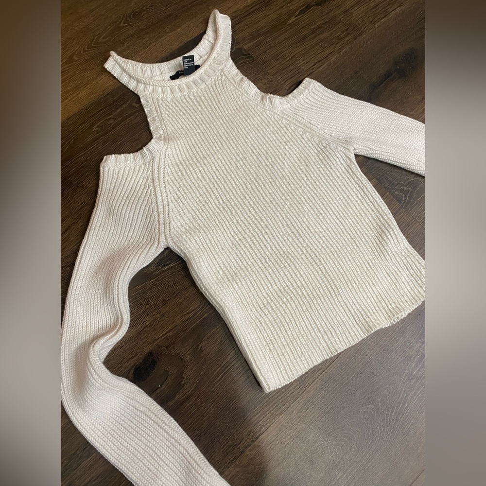 White knit cold-shoulder sweater